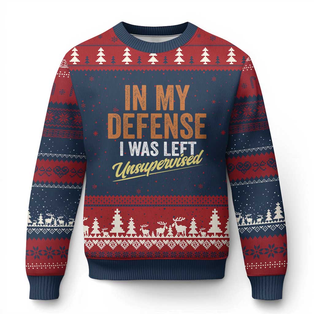 Funny In My Defense I Was Left Unsupervised Ugly Christmas Sweater Retro Vintage Sarcastic Joke - Wonder Print Shop