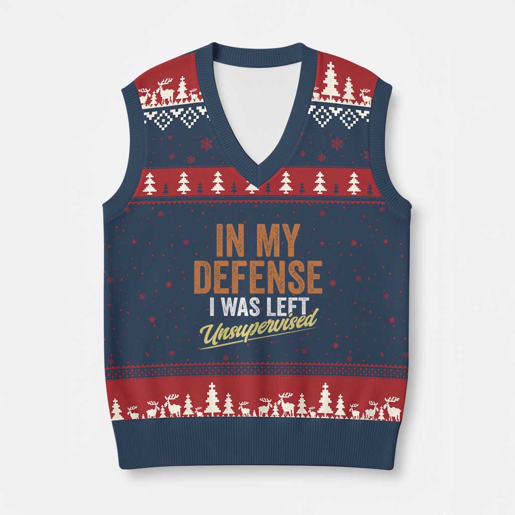 Funny In My Defense I Was Left Unsupervised V-Neck Knit Sweater Vest Retro Vintage Sarcastic Joke - Wonder Print Shop
