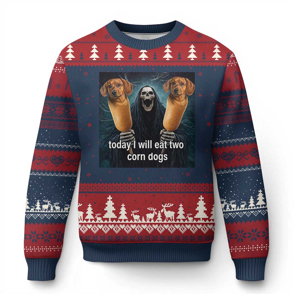 Today I Will Eat Two Corn Dogs Skeleton Meme Ugly Christmas Sweater