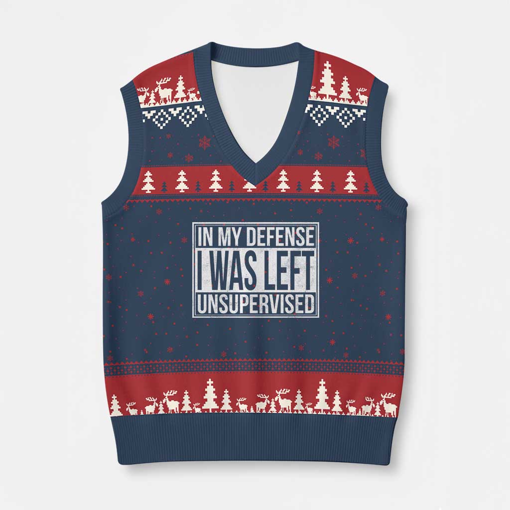 Funny In My Defense I Was Left Unsupervised V-Neck Knit Sweater Vest - Wonder Print Shop