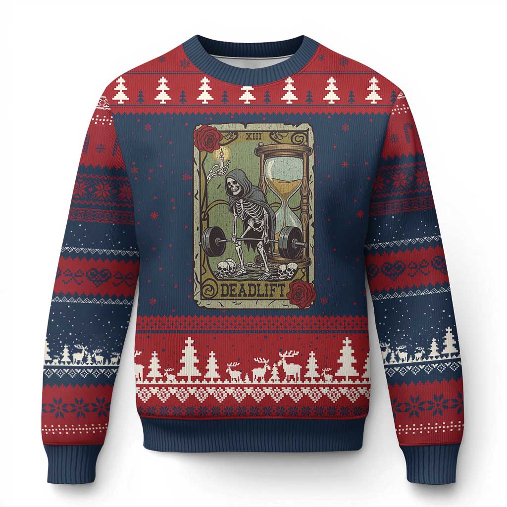 Funny Tarot Card Deadlifts Gym Workout Skeleton Ugly Christmas Sweater