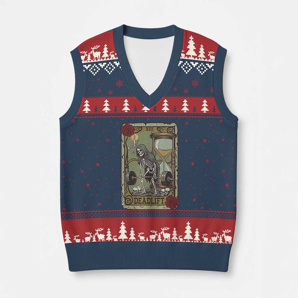 Funny Tarot Card Deadlifts Gym Workout Skeleton V-Neck Knit Sweater Vest