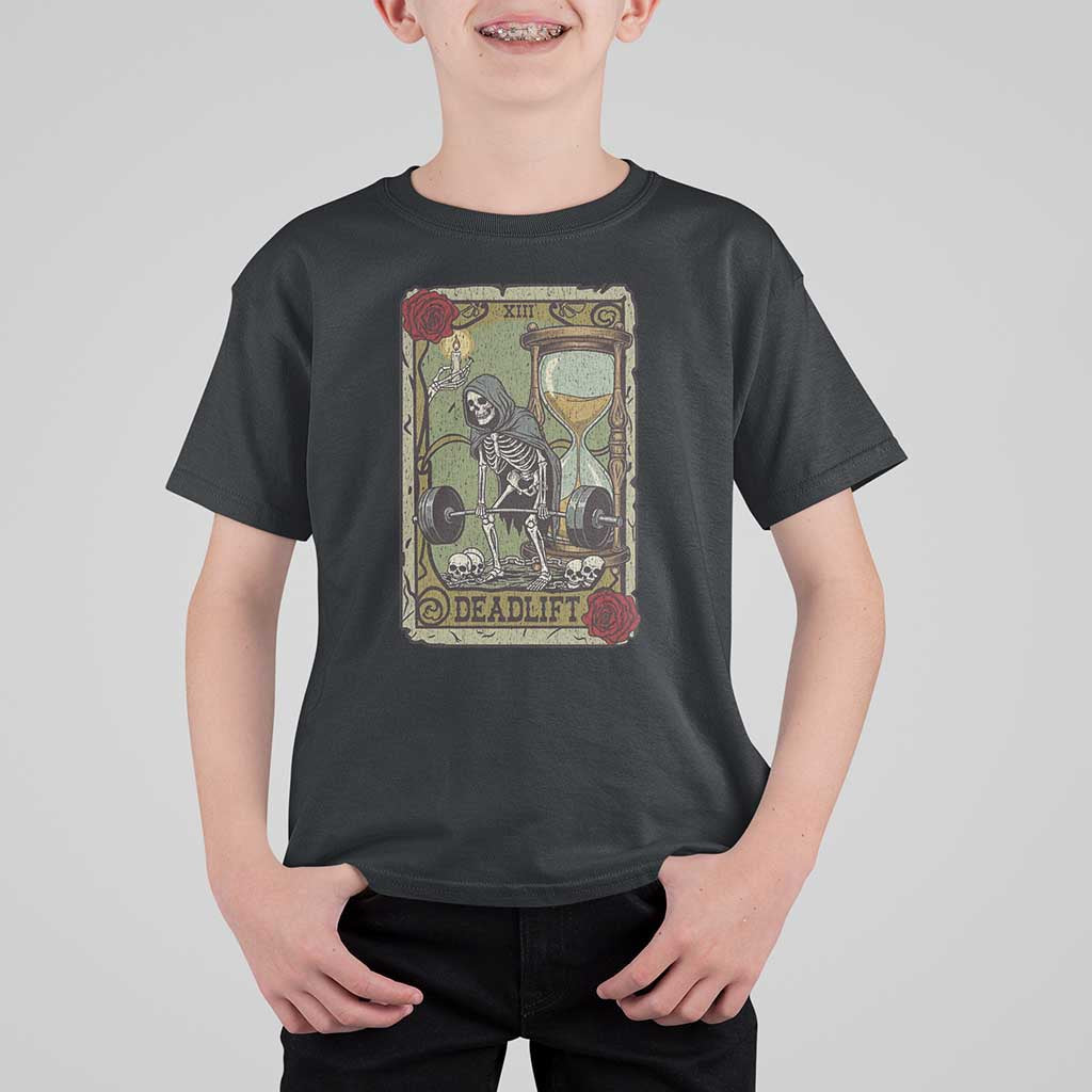 Funny Tarot Card Deadlifts Gym Workout Skeleton T Shirt For Kid