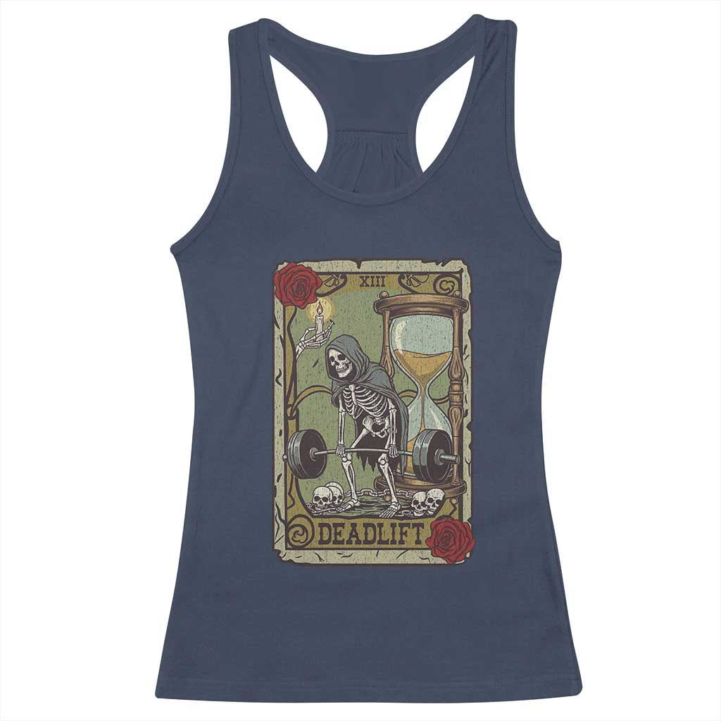 Funny Tarot Card Deadlifts Gym Workout Skeleton Racerback Tank Top