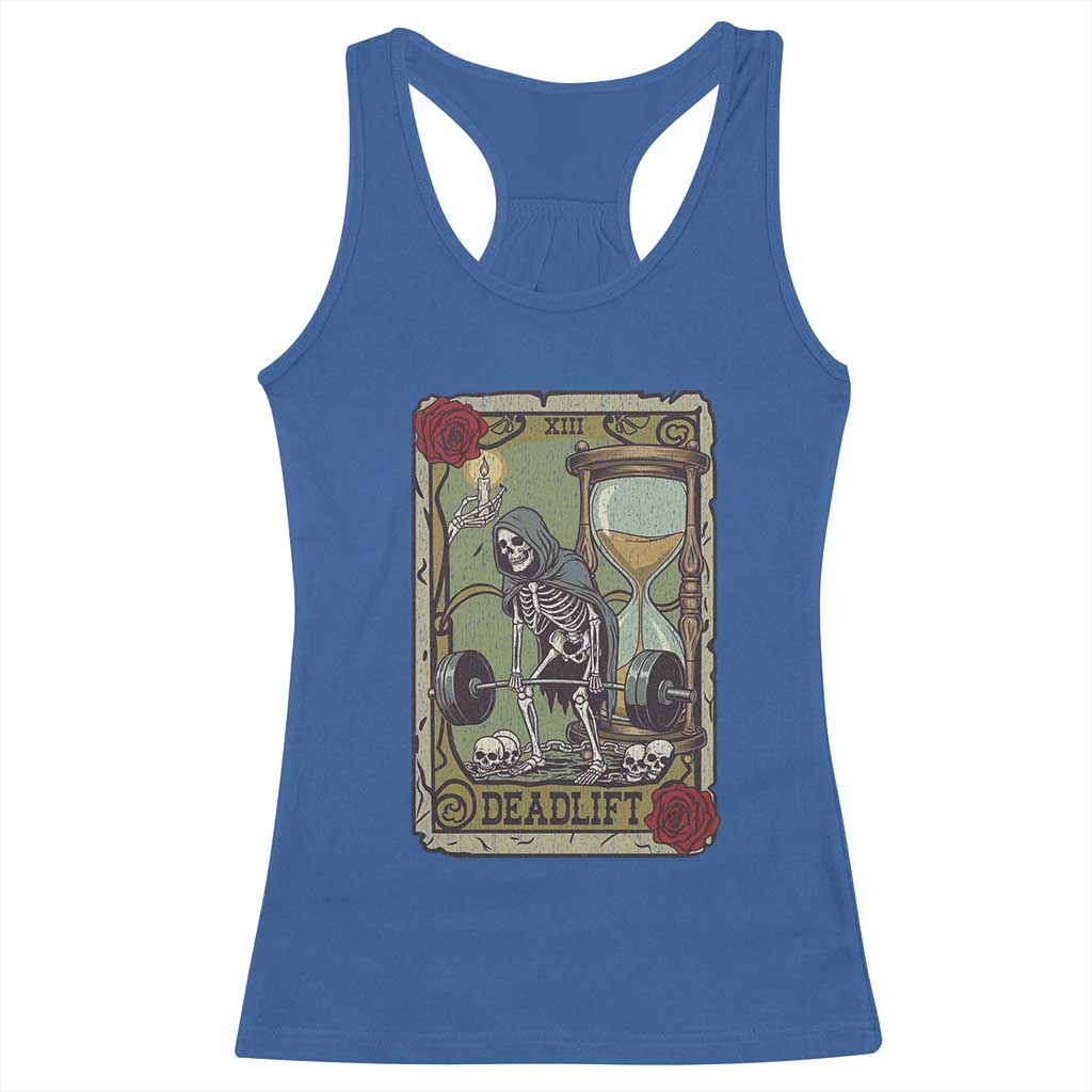Funny Tarot Card Deadlifts Gym Workout Skeleton Racerback Tank Top