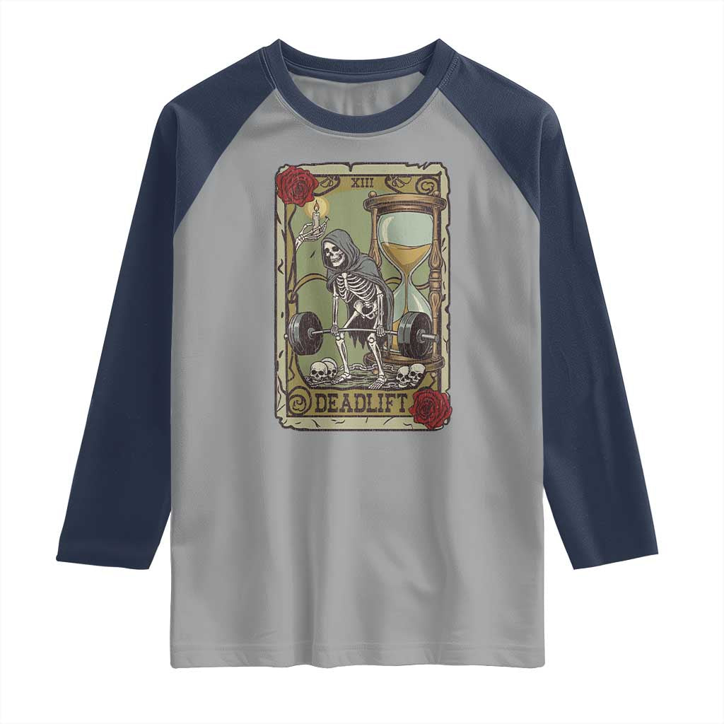 Funny Tarot Card Deadlifts Gym Workout Skeleton Raglan Shirt