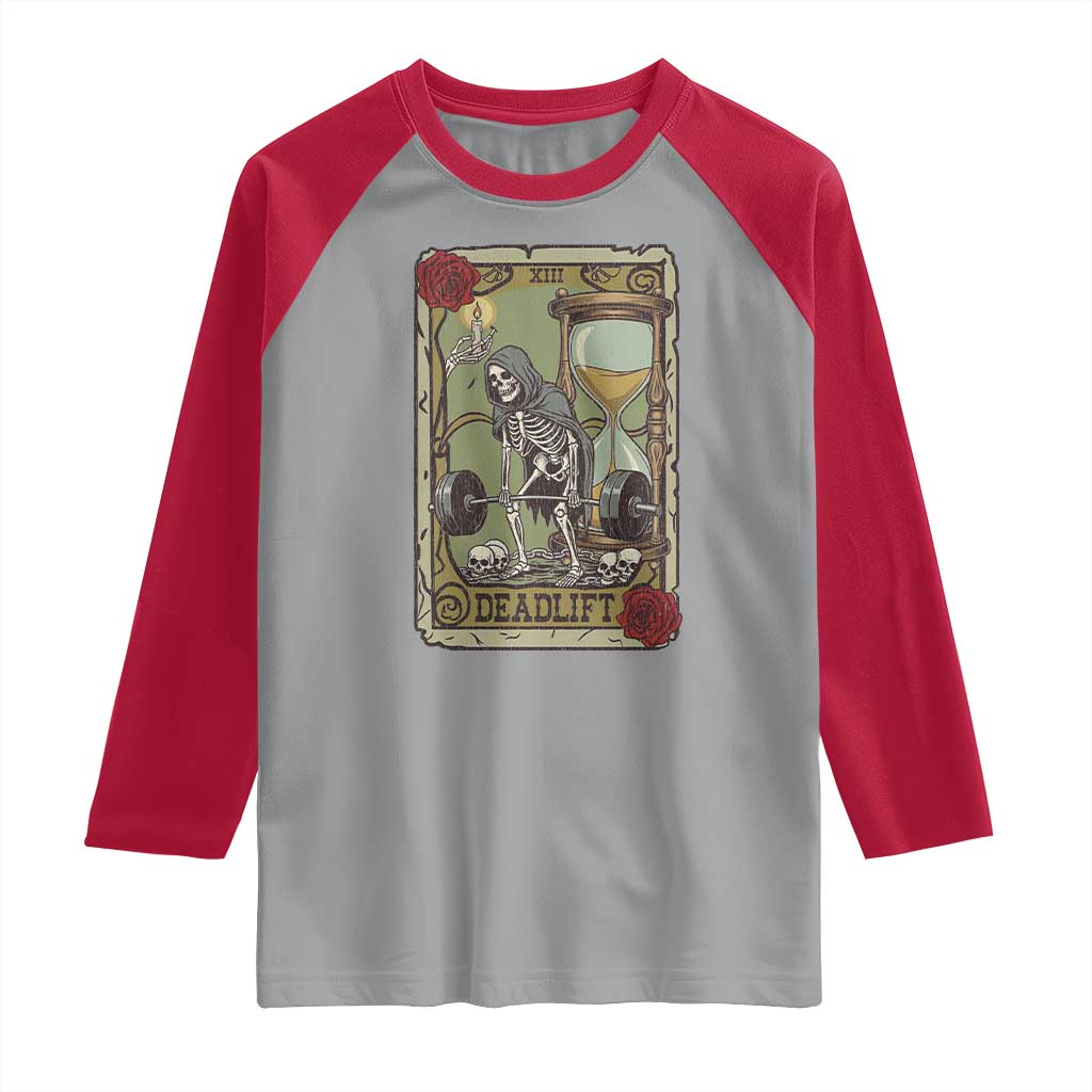 Funny Tarot Card Deadlifts Gym Workout Skeleton Raglan Shirt