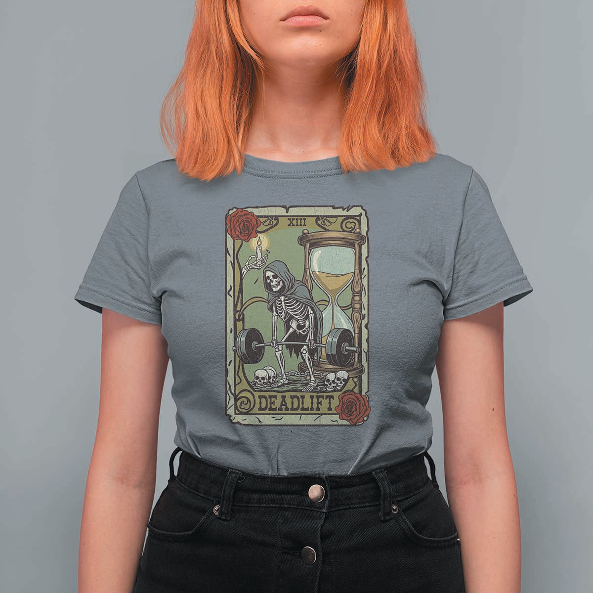 Funny Tarot Card Deadlifts Gym Workout Skeleton T Shirt For Women