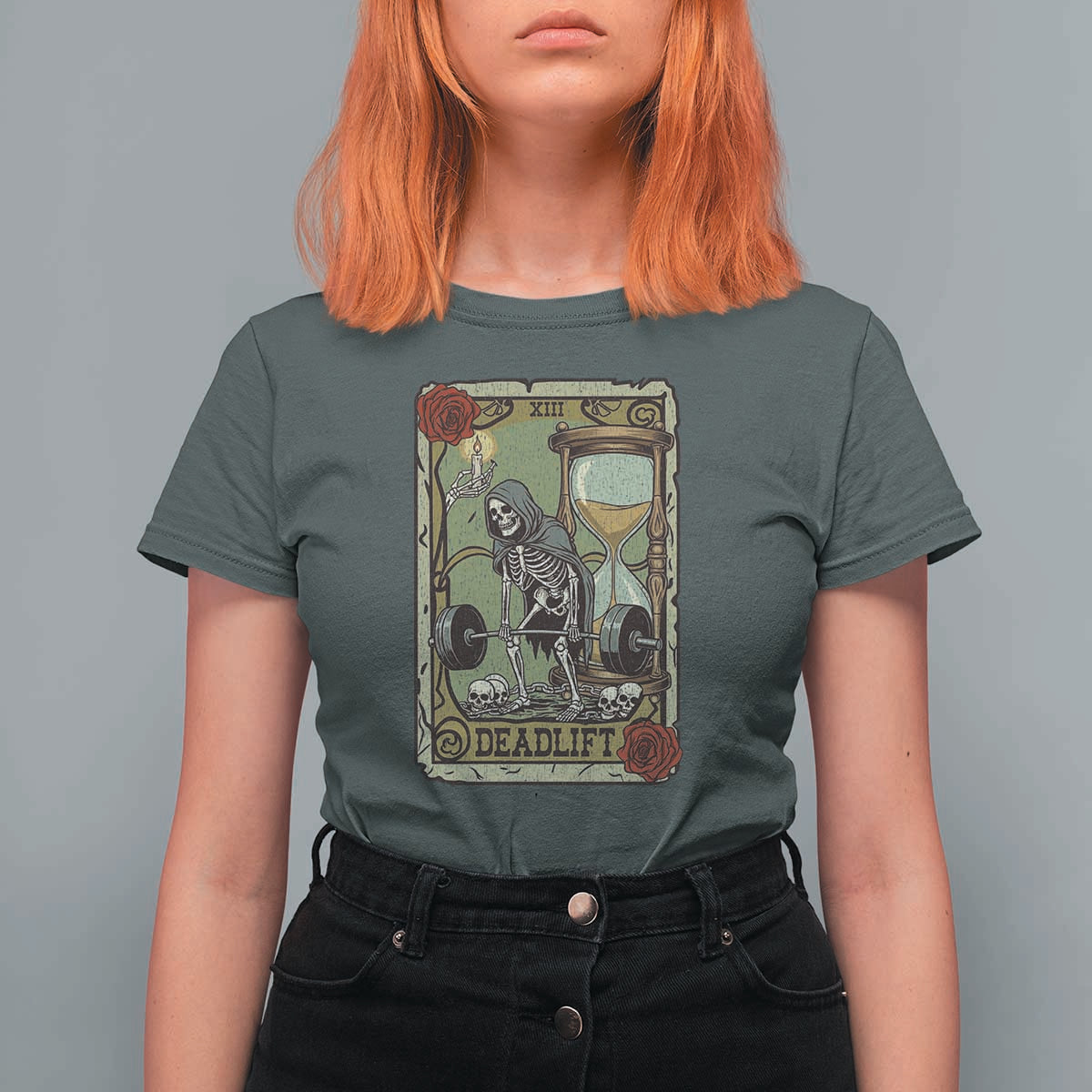 Funny Tarot Card Deadlifts Gym Workout Skeleton T Shirt For Women
