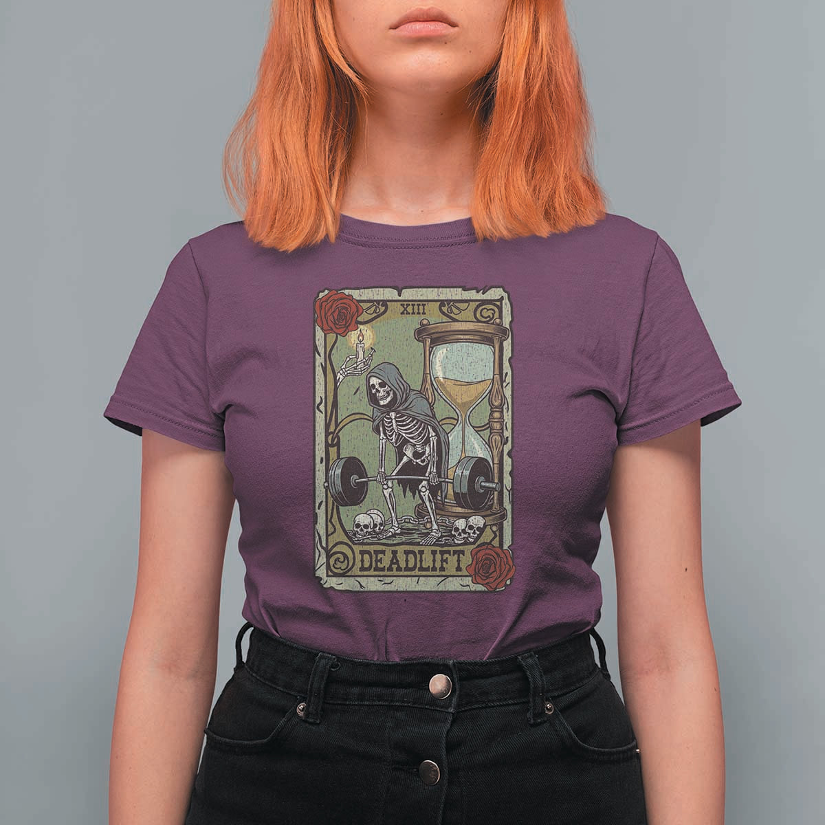 Funny Tarot Card Deadlifts Gym Workout Skeleton T Shirt For Women