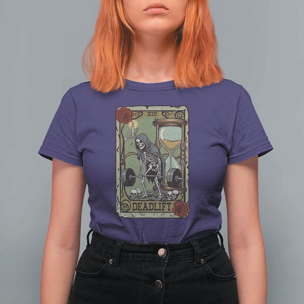 Funny Tarot Card Deadlifts Gym Workout Skeleton T Shirt For Women