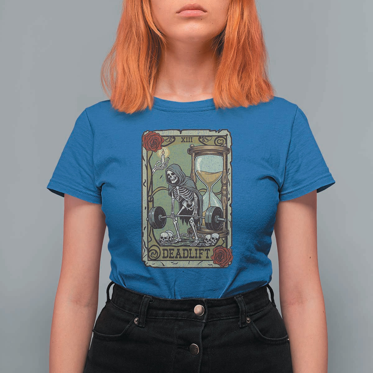 Funny Tarot Card Deadlifts Gym Workout Skeleton T Shirt For Women