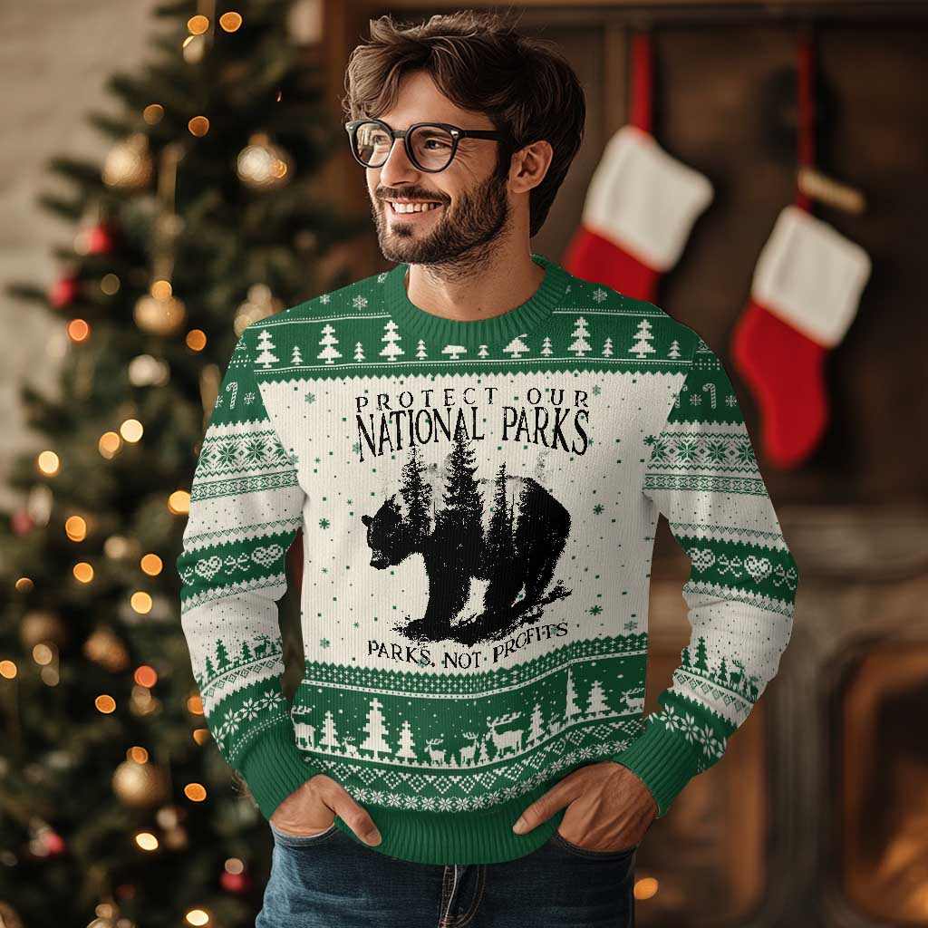 Protect Our National Parks Not Profits Ugly Christmas Sweater Vintage Forest Bear - Wonder Print Shop