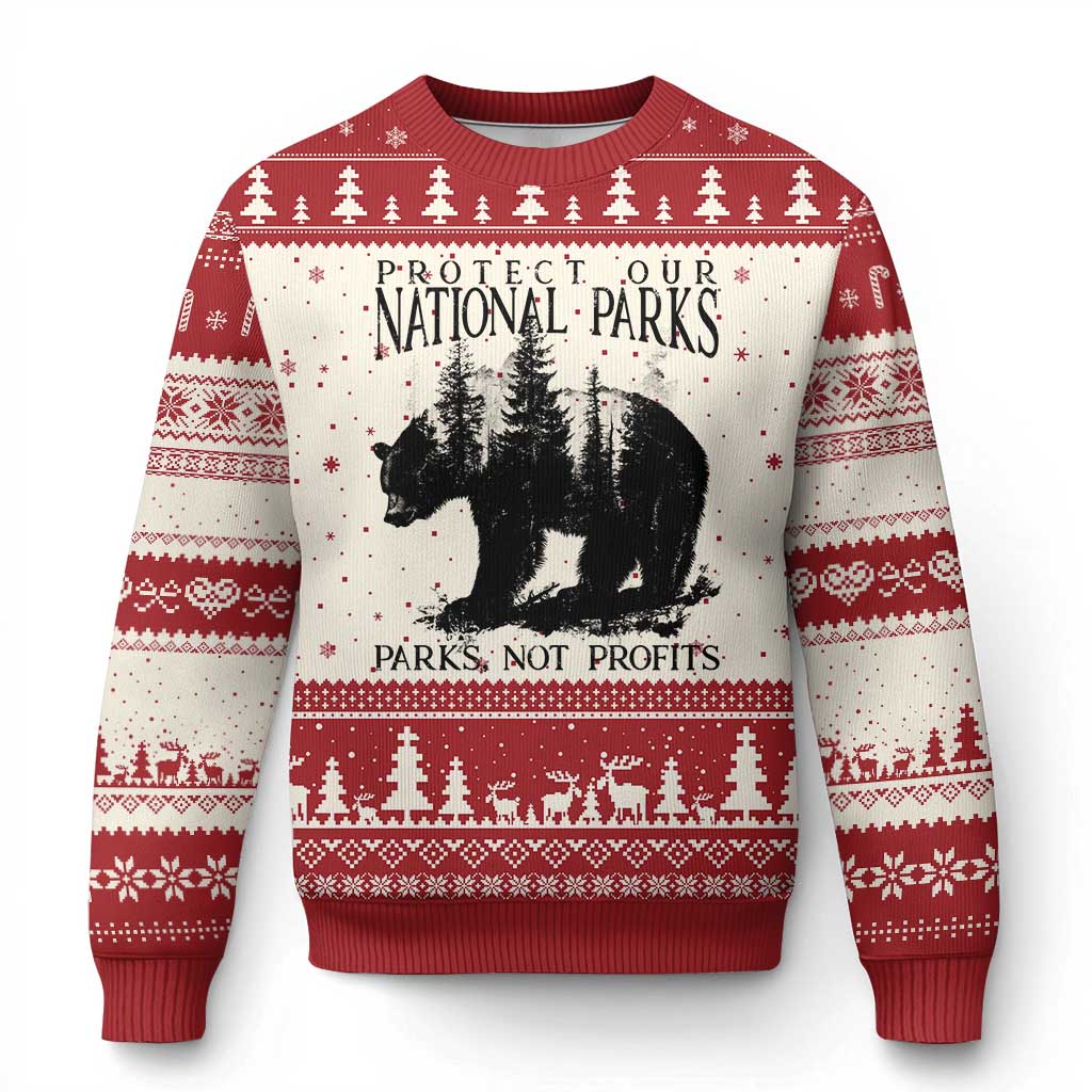 Protect Our National Parks Not Profits Ugly Christmas Sweater Vintage Forest Bear - Wonder Print Shop