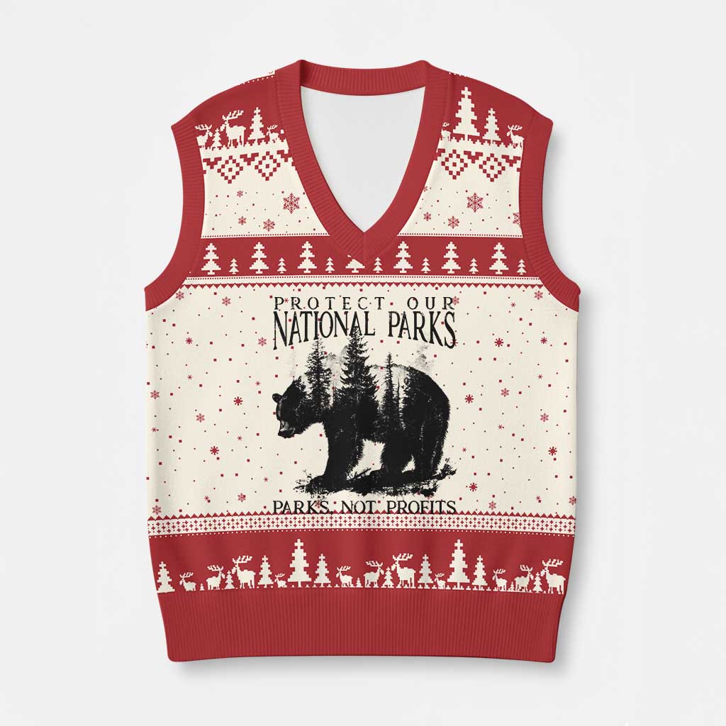 Protect Our National Parks Not Profits V-Neck Knit Sweater Vest Vintage Forest Bear - Wonder Print Shop