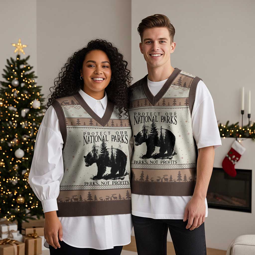 Protect Our National Parks Not Profits V-Neck Knit Sweater Vest Vintage Forest Bear - Wonder Print Shop