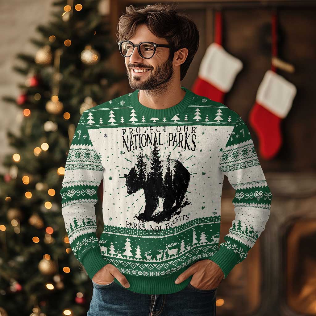 Protect Our National Parks Not Profits Knitted Sweatshirt Vintage Forest Bear - Wonder Print Shop