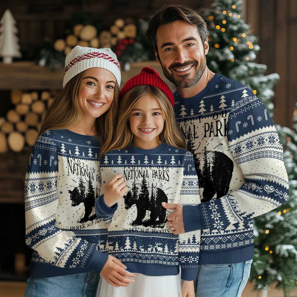 Protect Our National Parks Not Profits Knitted Sweatshirt Vintage Forest Bear - Wonder Print Shop