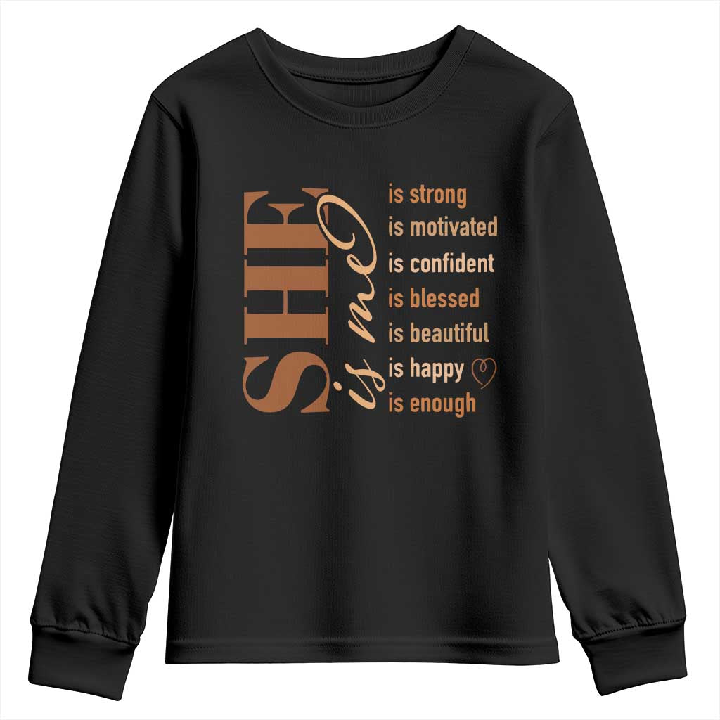 Woman Affirmation Youth Sweatshirt She Is Strong Motivated Confident Blessed Beautiful Melanin Color