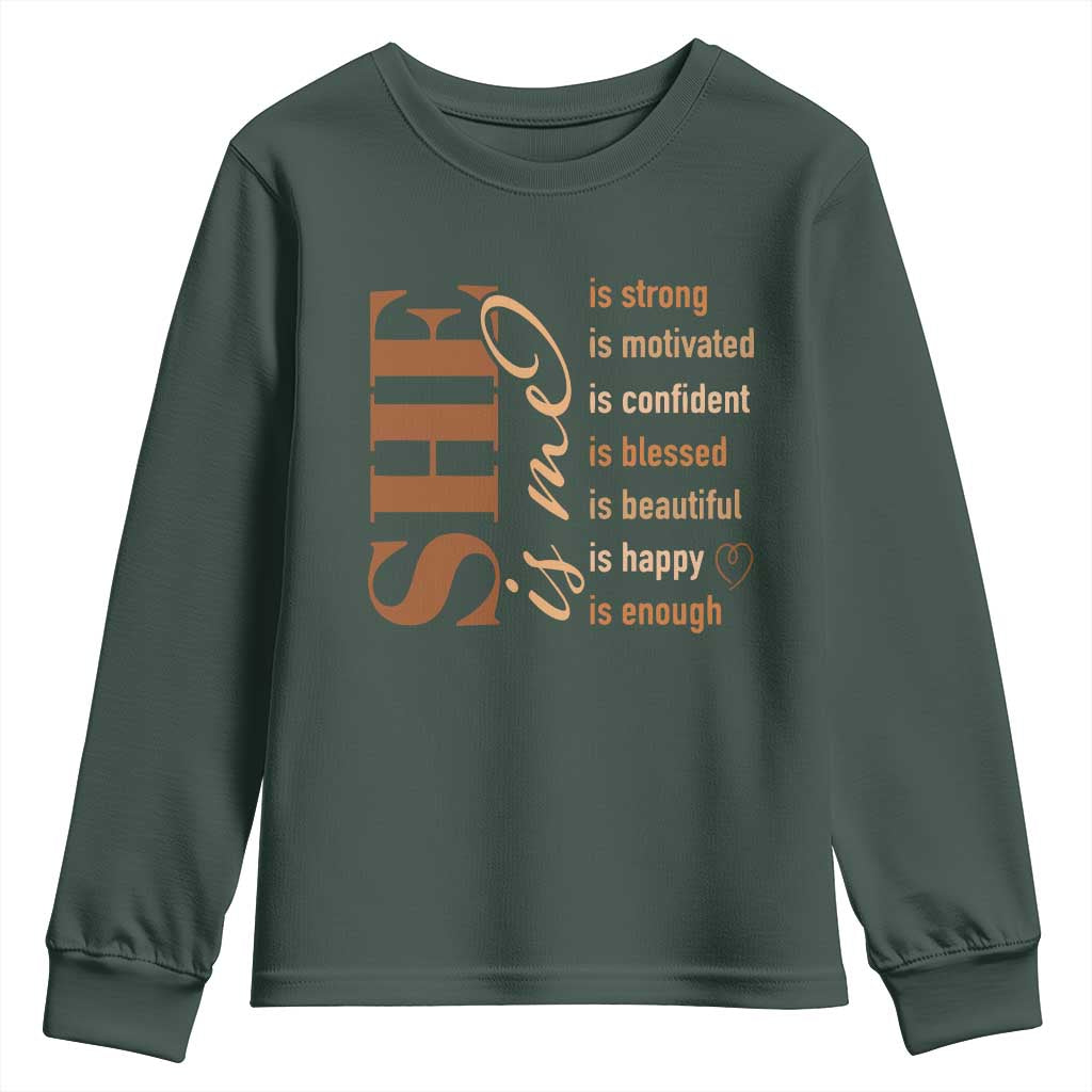 Woman Affirmation Youth Sweatshirt She Is Strong Motivated Confident Blessed Beautiful Melanin Color