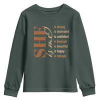 Woman Affirmation Youth Sweatshirt She Is Strong Motivated Confident Blessed Beautiful Melanin Color
