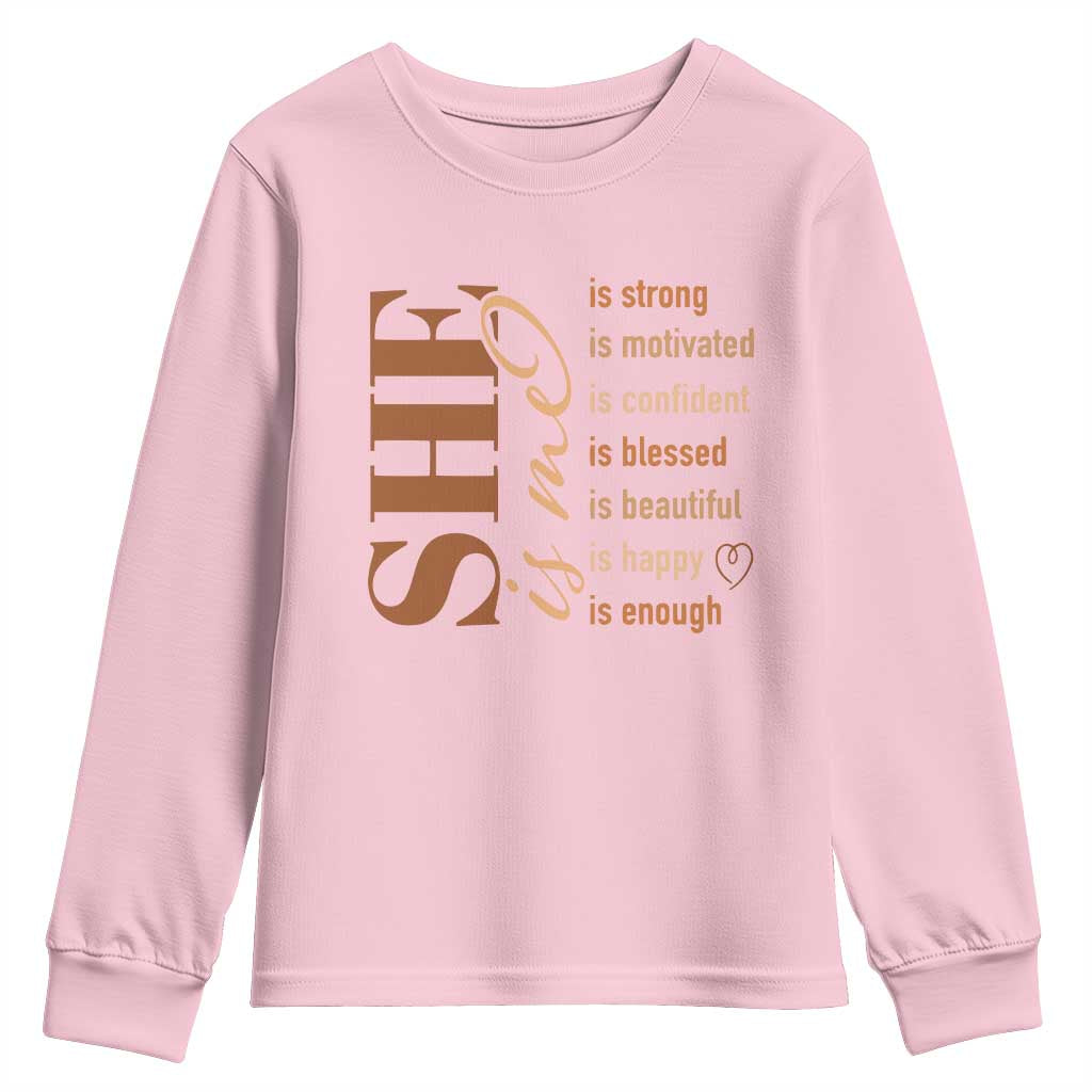 Woman Affirmation Youth Sweatshirt She Is Strong Motivated Confident Blessed Beautiful Melanin Color
