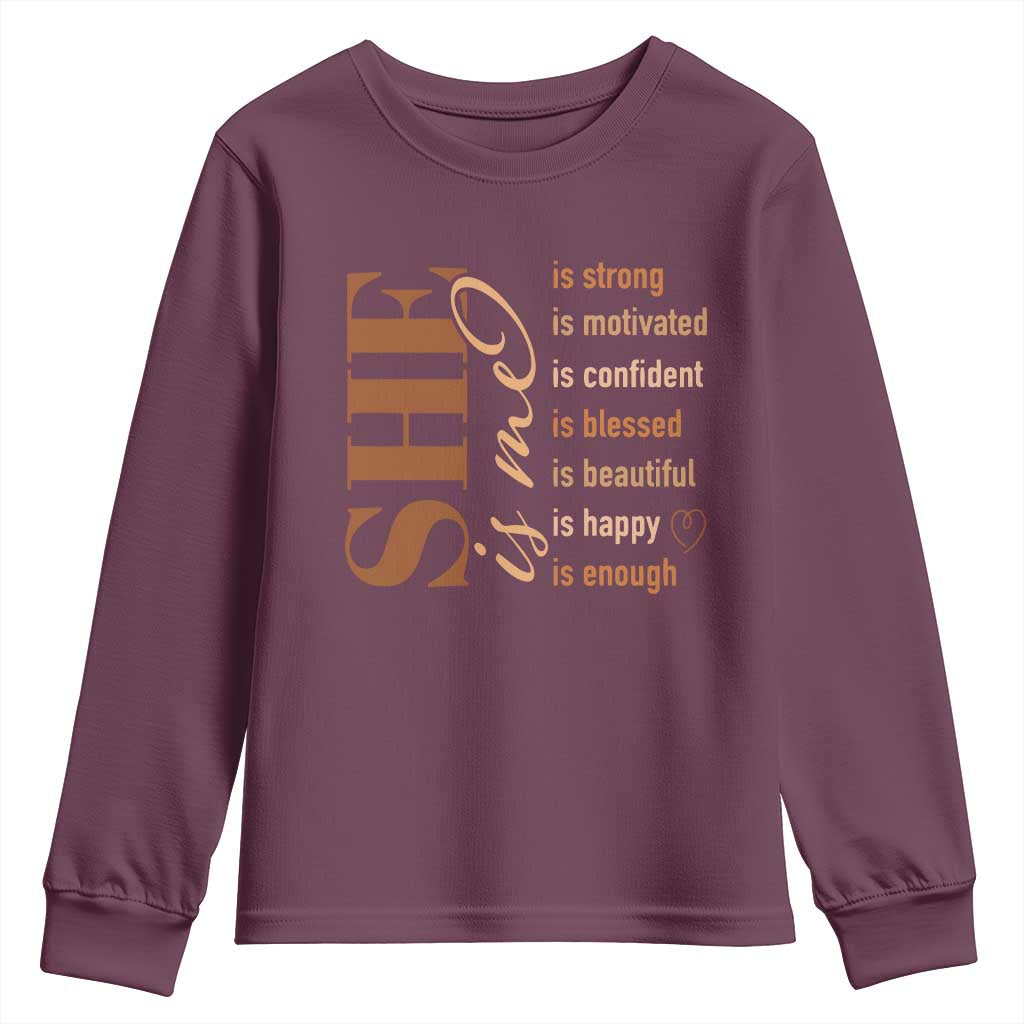 Woman Affirmation Youth Sweatshirt She Is Strong Motivated Confident Blessed Beautiful Melanin Color