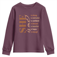 Woman Affirmation Youth Sweatshirt She Is Strong Motivated Confident Blessed Beautiful Melanin Color