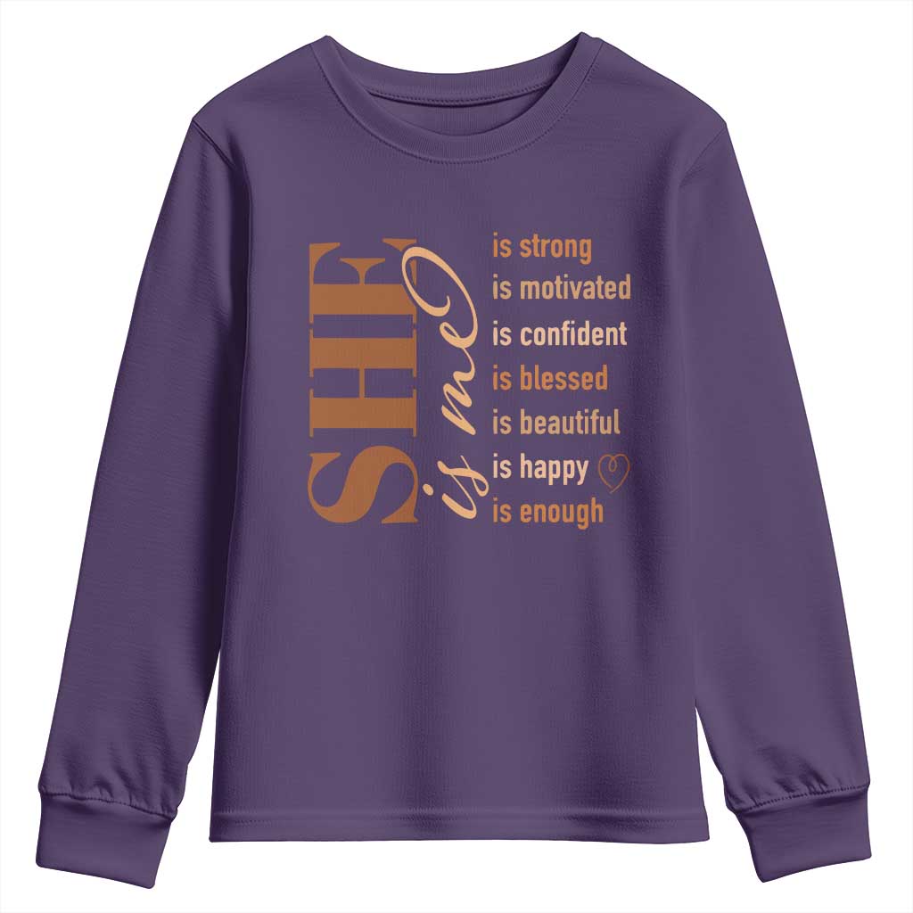 Woman Affirmation Youth Sweatshirt She Is Strong Motivated Confident Blessed Beautiful Melanin Color