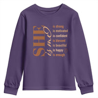 Woman Affirmation Youth Sweatshirt She Is Strong Motivated Confident Blessed Beautiful Melanin Color