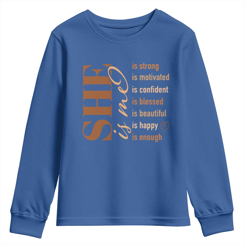 Woman Affirmation Youth Sweatshirt She Is Strong Motivated Confident Blessed Beautiful Melanin Color