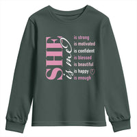 Woman Affirmation Youth Sweatshirt She Is Strong Motivated Confident Blessed Beautiful