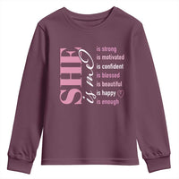 Woman Affirmation Youth Sweatshirt She Is Strong Motivated Confident Blessed Beautiful
