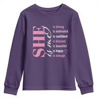 Woman Affirmation Youth Sweatshirt She Is Strong Motivated Confident Blessed Beautiful
