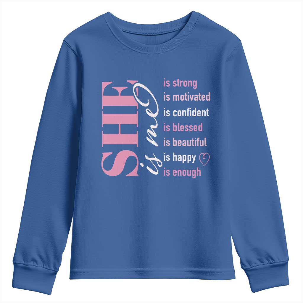 Woman Affirmation Youth Sweatshirt She Is Strong Motivated Confident Blessed Beautiful