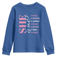 Woman Affirmation Youth Sweatshirt She Is Strong Motivated Confident Blessed Beautiful