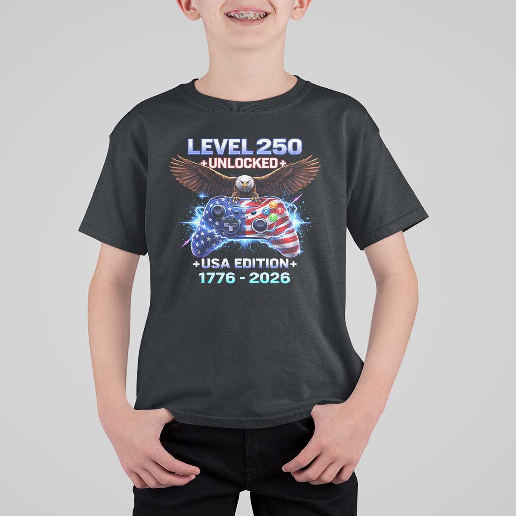 USA 250th Anniversary Gamer T Shirt For Kid Level 250 USA Edition 1776 2026 Bald Eagle