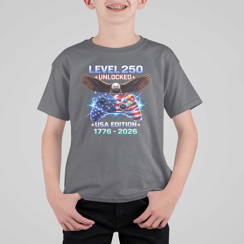 USA 250th Anniversary Gamer T Shirt For Kid Level 250 USA Edition 1776 2026 Bald Eagle