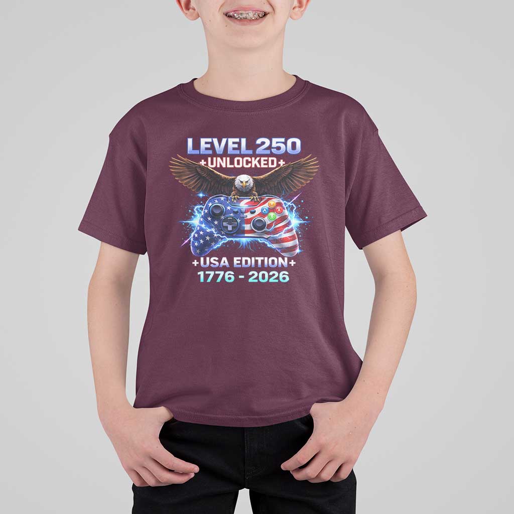 USA 250th Anniversary Gamer T Shirt For Kid Level 250 USA Edition 1776 2026 Bald Eagle