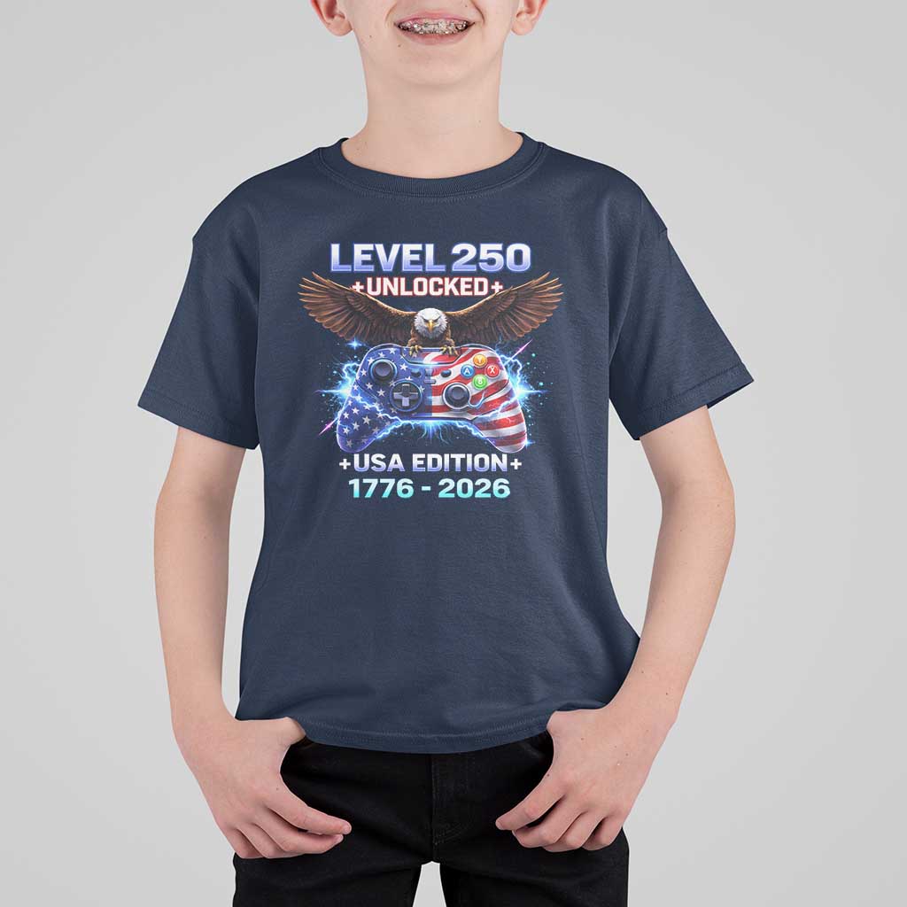 USA 250th Anniversary Gamer T Shirt For Kid Level 250 USA Edition 1776 2026 Bald Eagle