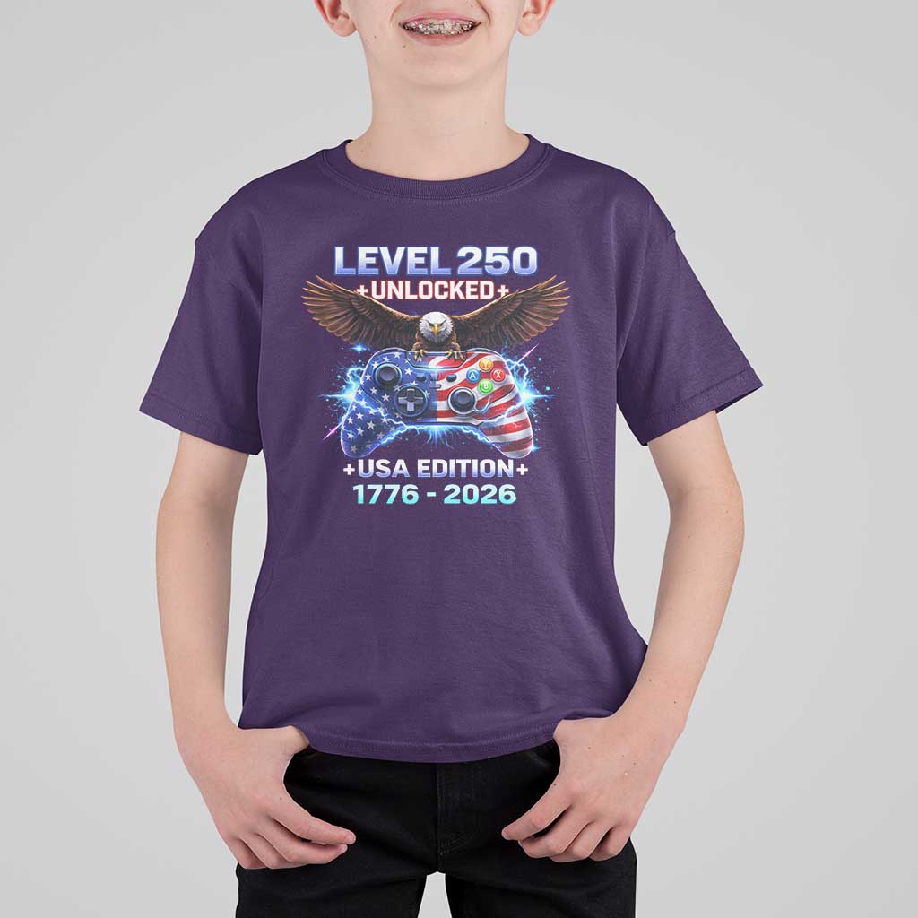 USA 250th Anniversary Gamer T Shirt For Kid Level 250 USA Edition 1776 2026 Bald Eagle