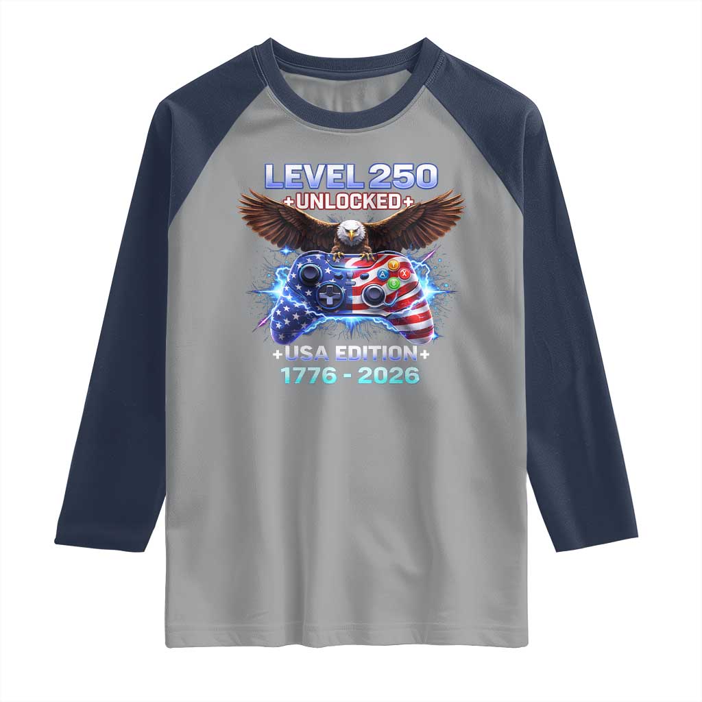 USA 250th Anniversary Gamer Raglan Shirt Level 250 USA Edition 1776 2026 Bald Eagle
