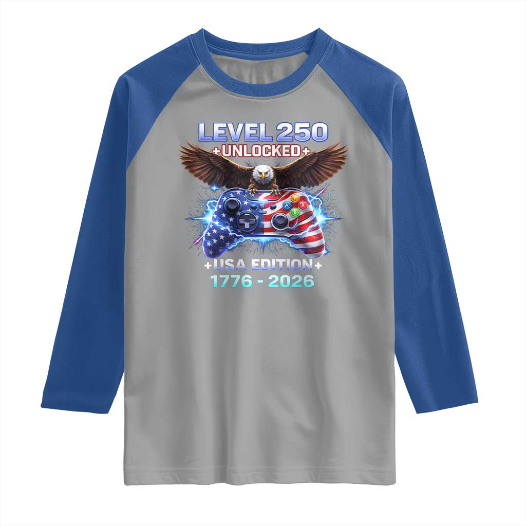 USA 250th Anniversary Gamer Raglan Shirt Level 250 USA Edition 1776 2026 Bald Eagle