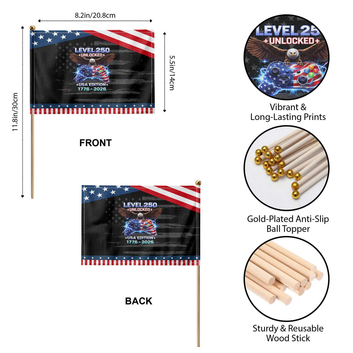 USA 250th Anniversary Gamer Patriotic Handheld Flag Level 250 USA Edition 1776 2026 Bald Eagle