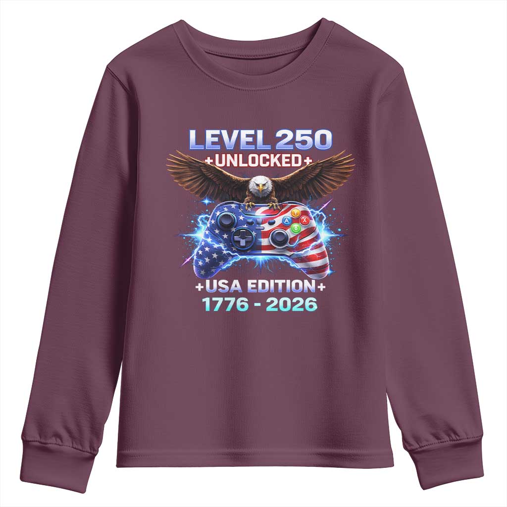 USA 250th Anniversary Gamer Youth Sweatshirt Level 250 USA Edition 1776 2026 Bald Eagle