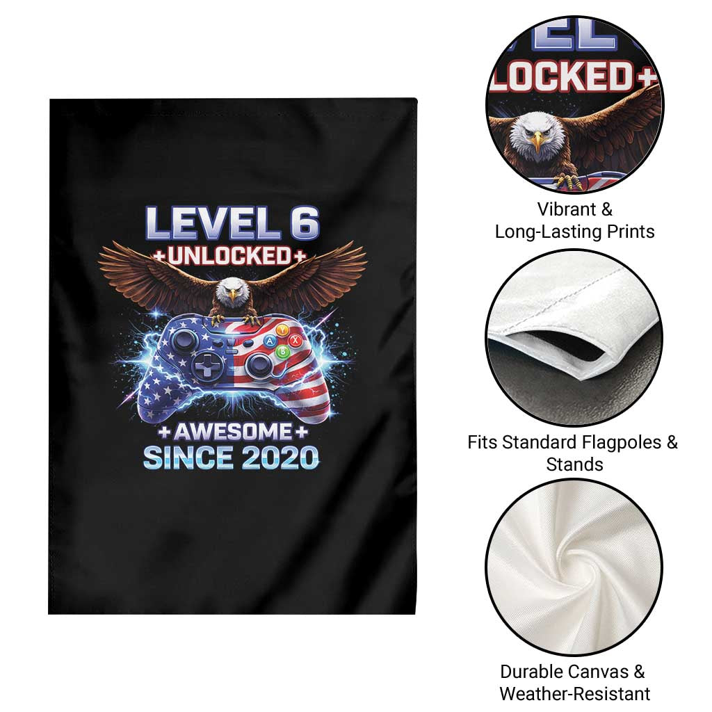 Funny 6th Birthday Garden Flag Level 6 Unlocked Awesome Since 2020 USA Gamer