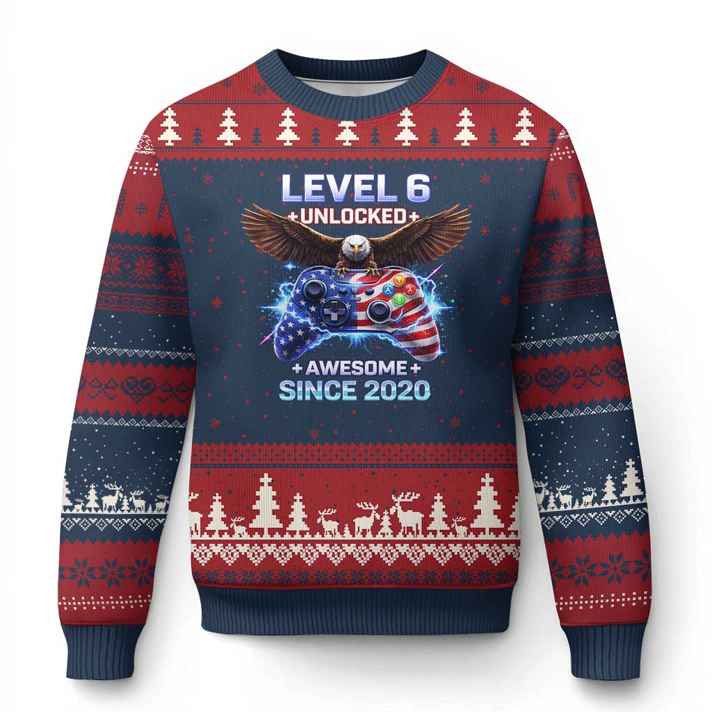 Funny 6th Birthday Ugly Christmas Sweater Level 6 Unlocked Awesome Since 2020 USA Gamer