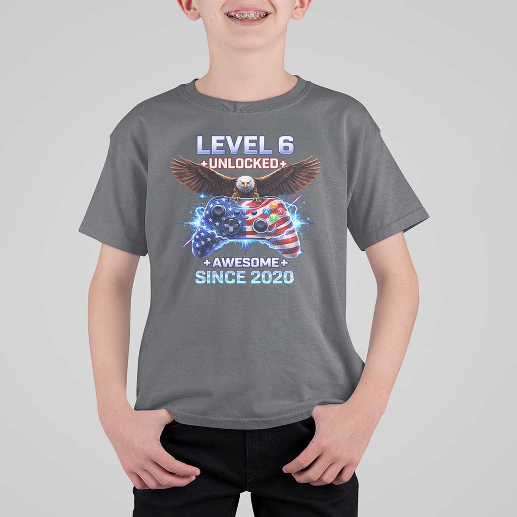 Funny 6th Birthday T Shirt For Kid Level 6 Unlocked Awesome Since 2020 USA Gamer