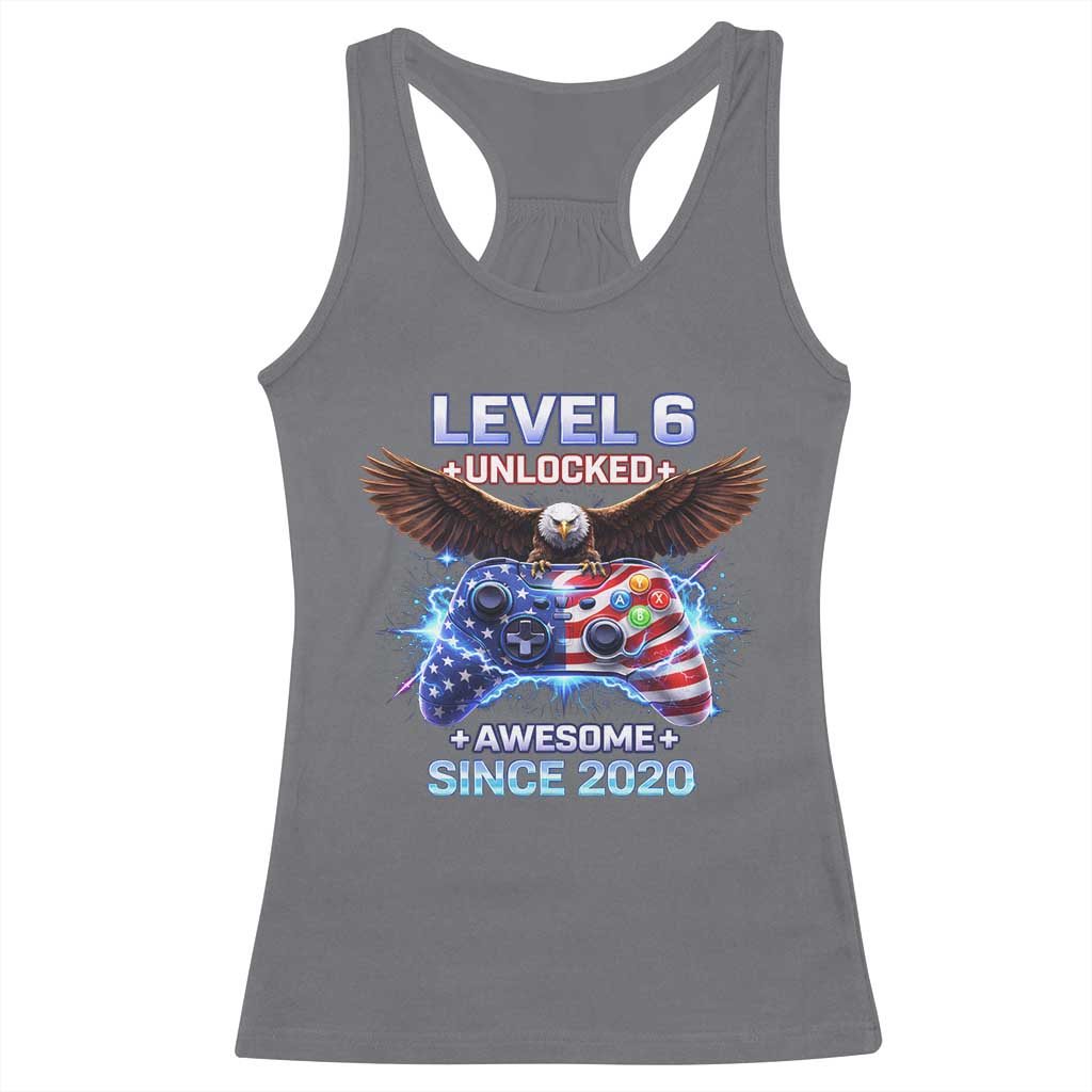 Funny 6th Birthday Racerback Tank Top Level 6 Unlocked Awesome Since 2020 USA Gamer