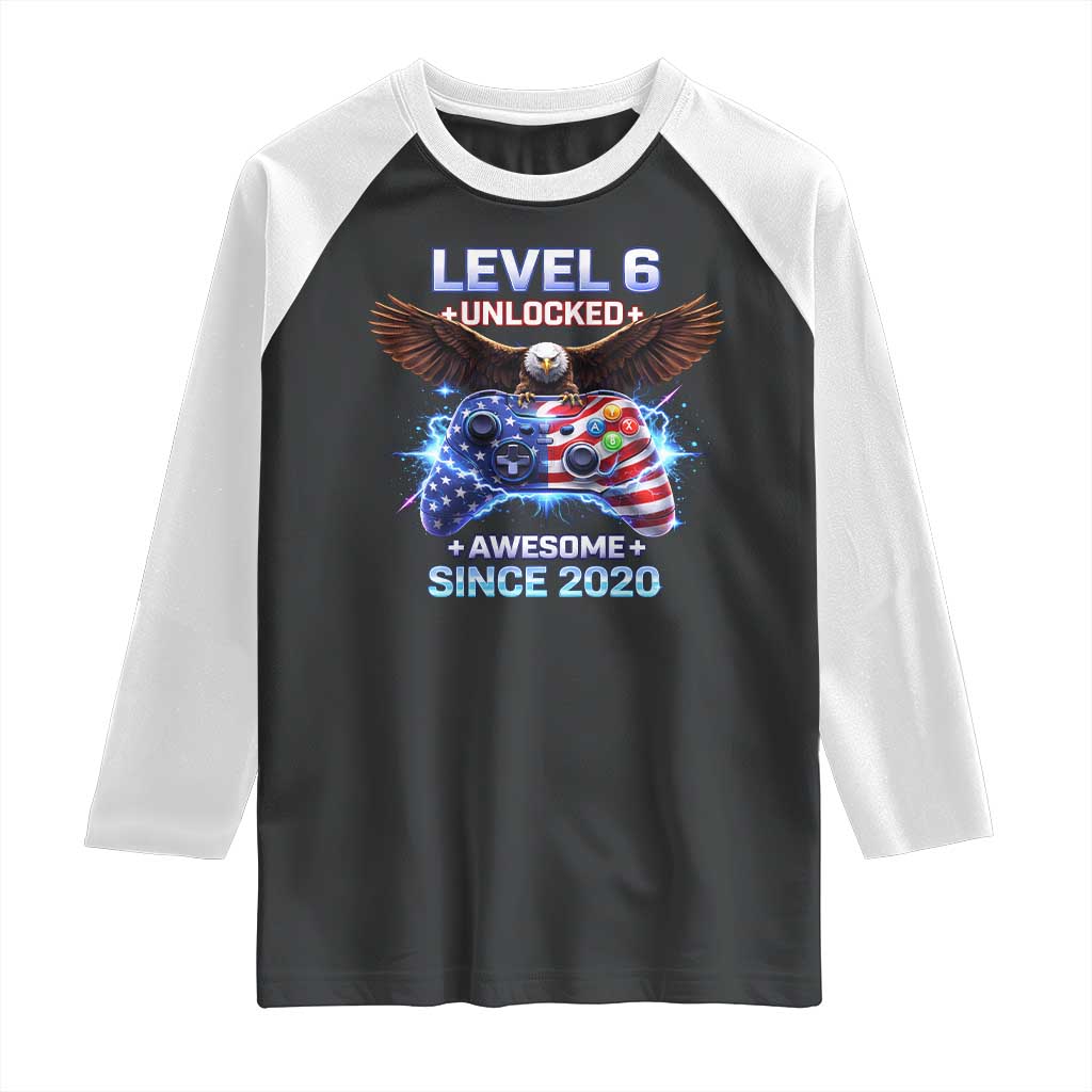 Funny 6th Birthday Raglan Shirt Level 6 Unlocked Awesome Since 2020 USA Gamer